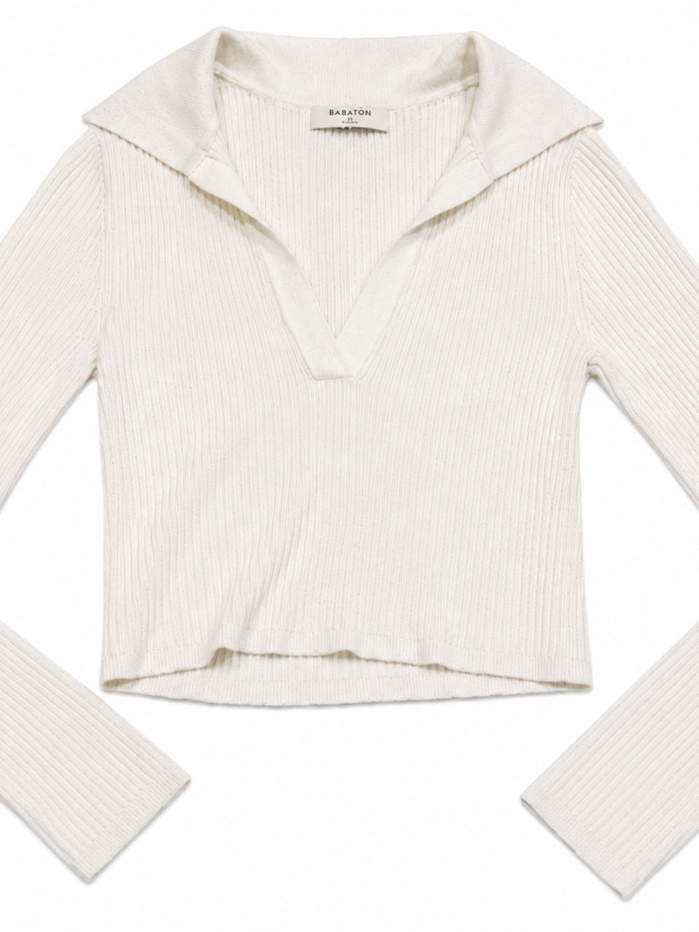 Babaton Sculpt Knit Ribbed V-Neck Collared Long Sleeve Top